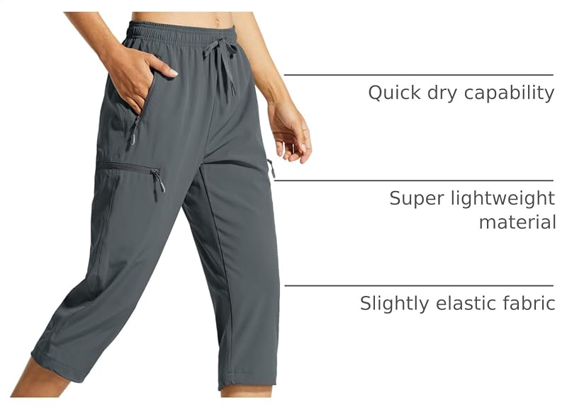 Libin Women's Capri Cargo Hiking Pants - Cropped, Quick-Dry, UPF 50, Gray, Large