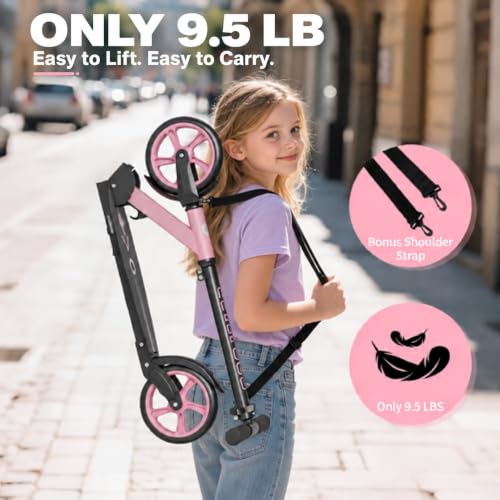 Pink Kids & Teen Foldable Kick Scooter - Lightweight 9.5 lbs, 8-Inch PU Wheels, Adjustable Height, Supports 240 lbs