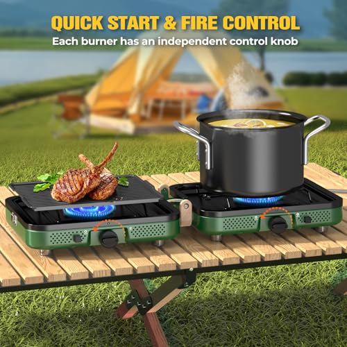 Portable Double Burner Camping Stove with Carrying Bag - 10,000 BTU Foldable Gas Stove