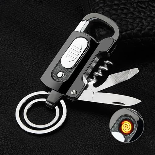 Black 9-in-1 Keychain Multitool with Electric Lighter & Flashlight