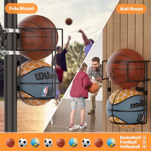 Outdoor Basketball Holder Wall Mount & Pole Rack for 2 Balls