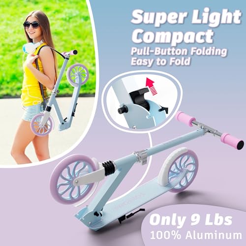 Frozen Blue Kids & Teen Kick Scooter with 8-Inch Large Wheels, Foldable & Adjustable Height