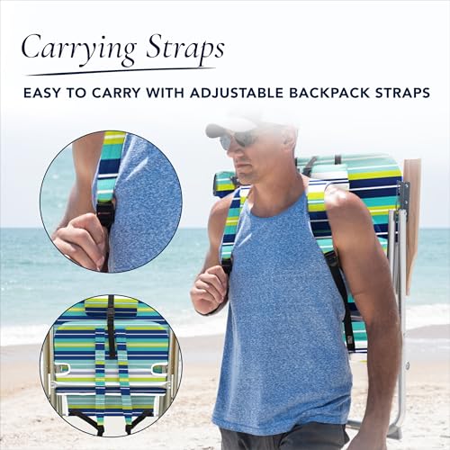 Caribbean Joe Blue Lime Stripe Folding Beach Chair 4-Position Reclining, 300lbs Capacity, Headrest & Cup Holder