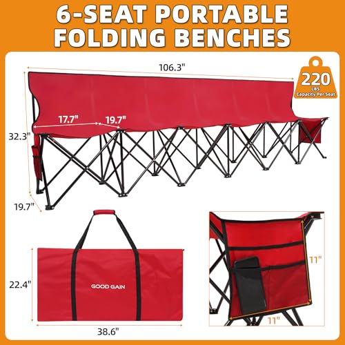 Portable Soccer Team Bench 6 Seats with Bag - Red, No Assembly, Foldable & Comfortable