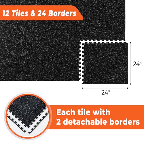 SUPERJARE 12-Piece 0.4 Inch Thick Rubber Top Exercise Equipment Mats - Black/Grey, 48 Sq Ft Interlocking Workout Flooring Set