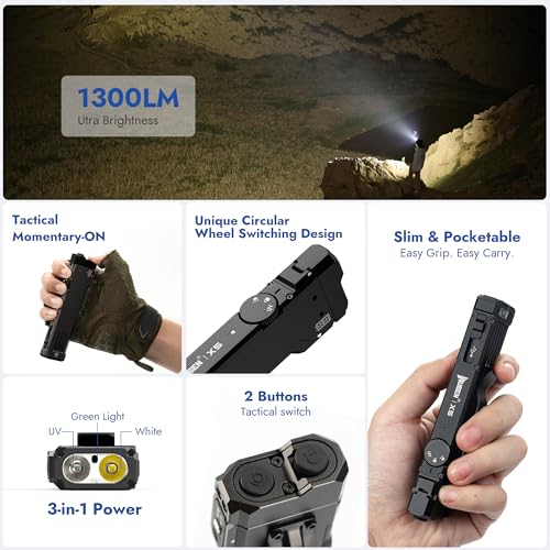 WUBEN X5 Rechargeable LED Flashlight Black, 1300 Lumens, 6 Modes, UV & Green Light