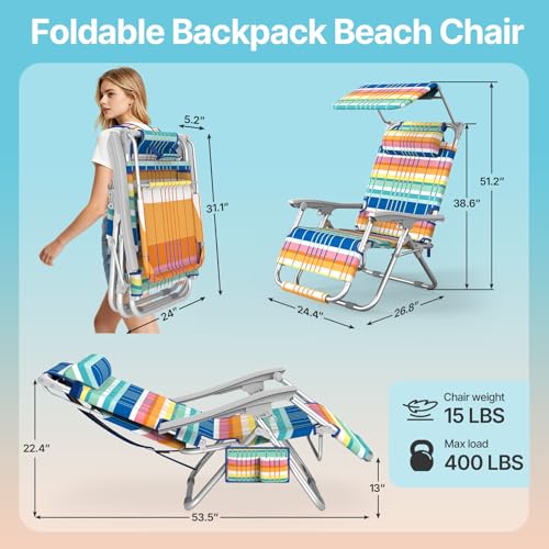 Rainbow Zero Gravity Beach Chair with Canopy - Adjustable Recliner for Adults