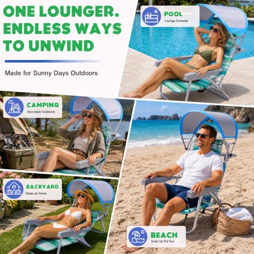 EggSun Ocean Striped Portable Beach Chair with Canopy - Reclining, Foldable & Adjustable for Adults