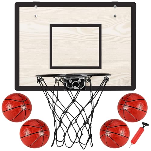 Mini Basketball Hoop for Kids and Adults - White Over The Door Indoor Set with 4 Balls & Pump