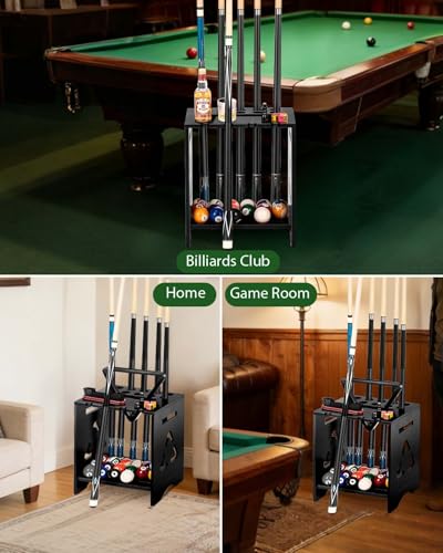 Pool Cue Holder Floor Stand Solid Wood Black - Holds 10 Cues & Accessories