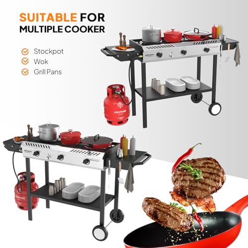 Outdoor Propane Gas Stove with Side Shelves - 3 Burner, 225,000 BTU, Ignition & Regulator