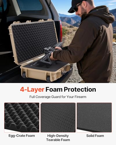 VEVOR 42 Inch Khaki Waterproof Hard Rifle Case with Wheels & 4 Layers Foam