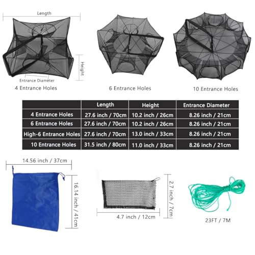 Foldable Black Fishing Bait Trap with 6 Entrances - 27.6x10.2in, Collapsible Minnow, Crab & Shrimp Catcher - Drasry