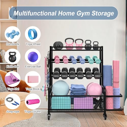 Dumbbell and Kettlebell Rack with Wheels - Home Gym Storage Organizer for Weights, Yoga Mats & Exercise Balls