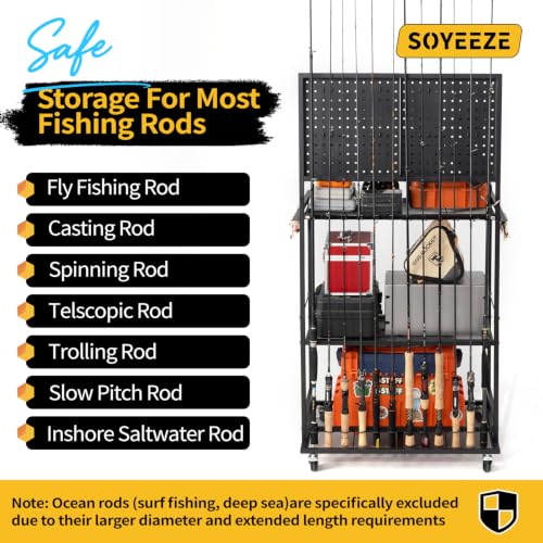 Black 3-Side Fence Fishing Rod Holder Rack for Garage, Up to 12 Rods, Hooks & Wheels, SOYEEZE