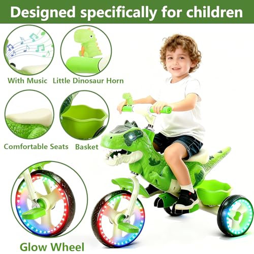 NMM Dinosaur Tricycle for Kids 2-6 Bright Green with Glow Big Wheel, Music, LED Lights, Horn