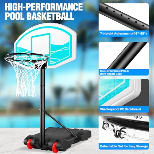 Adjustable Pool Basketball Hoop with LED Light, 2 Balls & Pump, Portable