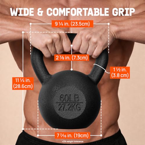 Yes4All Cast Iron Kettlebell 60 lbs Black - Solid One-Piece Design for Strength Training