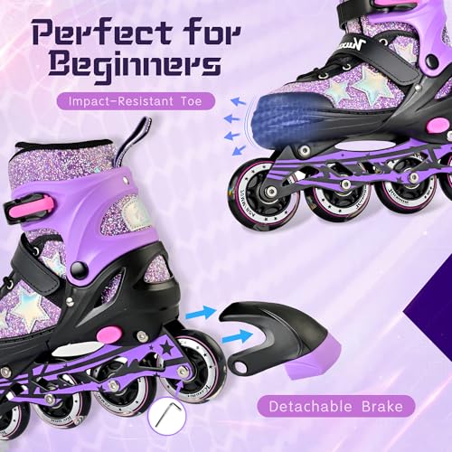 Kuxuan Adjustable Kids Inline Skates for Girls & Women - Purple Star, Large Youth 4.5-7 US