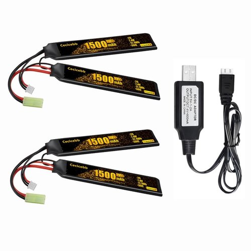 Cecicebb 7.4V 1500mAh Lipo Battery with Mini Tamiya Plug Rechargeable 30C Fit for Airsoft Model Guns 2S Airsoft Battery with 7.4V Charger Cable