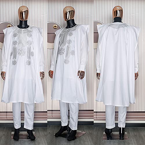 HD African Mens Agbada Outfit Set 3 Pieces White 4X-Large Embroidered Dashiki Shirt and Pants