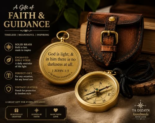 God Is Light Bible Verse Compass - Inspirational Brass Navigation Gift for Men Women Boys Girls Variation of God Is Light-1 John 1:5