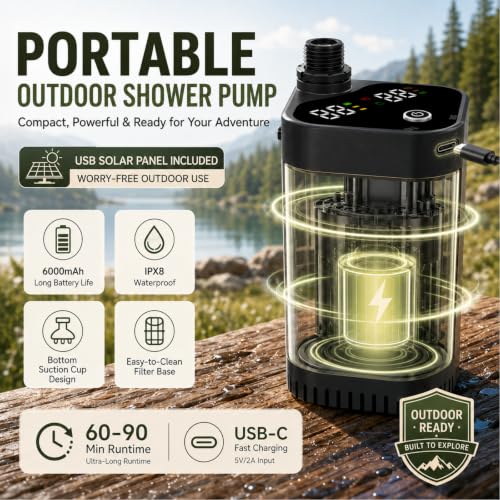 Portable Camping Shower with Heater and Solar Panel - 5 Gallon Water Bucket
