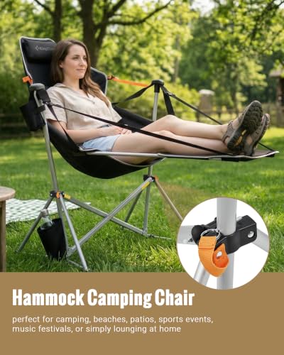 KingCamp Hammock Chair with Footrest - Deluxe Black/Grey Swinging Outdoor Chair for Relaxation, Supports 400lbs