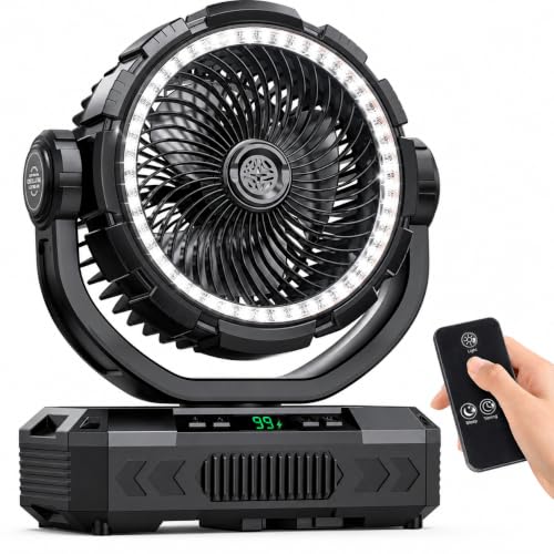 Ausic 11-Inch Rechargeable Camping Fan Black 40000mAh Portable Oscillating Fan with Remote & Light