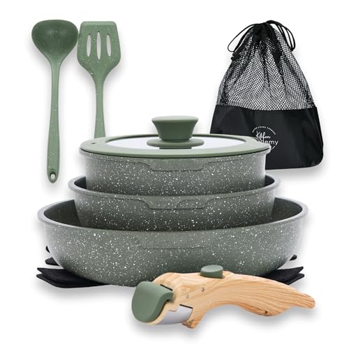 DishDelight Green Camping Pots and Pans Set with Detachable Handle, Non-Stick, 10-Piece