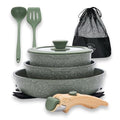 DishDelight Green Camping Pots and Pans Set with Detachable Handle, Non-Stick, 10-Piece