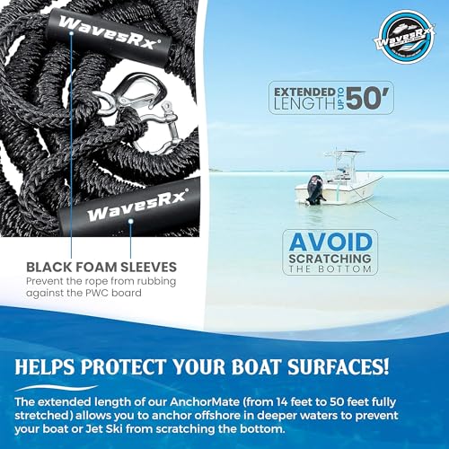 WAVESRX AnchorMate Bungee Dock Line 14-50 ft Black for Boats, Kayaks & PWC