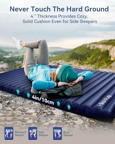 Hikenture Double Inflatable Camping Mattress Navy Pumpsack 79x55in - Ultralight 4" Thick Sleeping Pad for 2 Persons