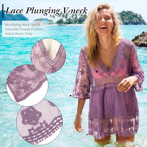 Purple Cuffbow Boho Lace V-Neck Bathing Suit Cover Up for Women