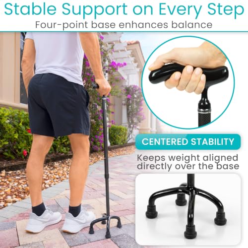 Vive Ultra-Lightweight Carbon Fiber Quad Cane with Reversible Base, Adjustable Height, Black