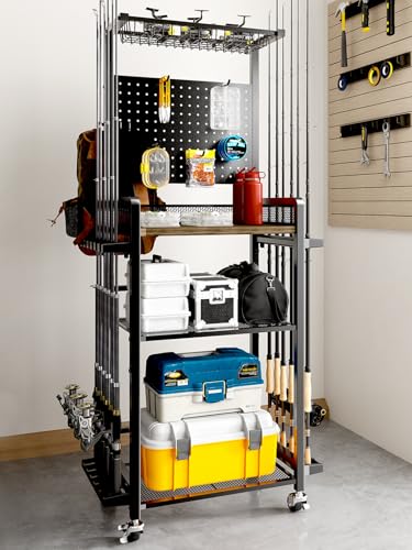 Black SOYEEZE Garage Fishing Rod Holder Cart - Holds 12 Rods & Reel Storage
