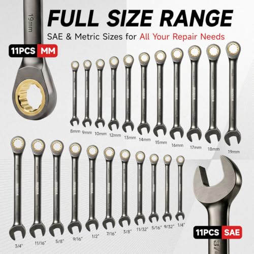 WOBANK 22-Piece Ratcheting Wrench Set - Metric & SAE, Regular Edition, 8-19mm & 1/4-3/4"