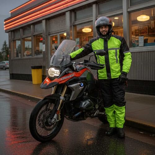 Men's Water-Resistant Motorcycle Rain Suit - Neon Green, Large with Hi Vis Reflective Tape