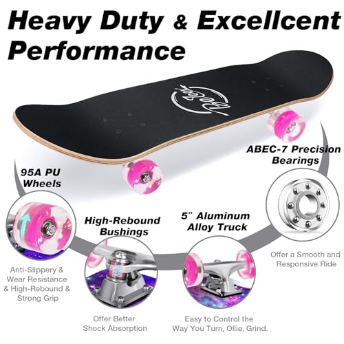 BELEEV Galaxy Purple Complete Skateboard for Kids Teens Adults 31x8in Cruising Trick