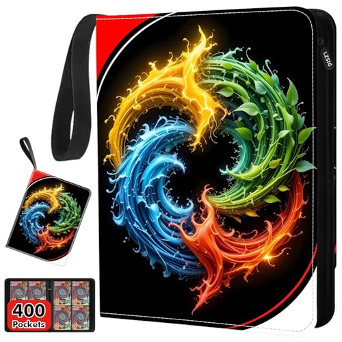 4 Pockets Card Binder - Can Hold 400 Cards with 50 Removable Sleeves - HD Digital Print, Black & 4 Elements