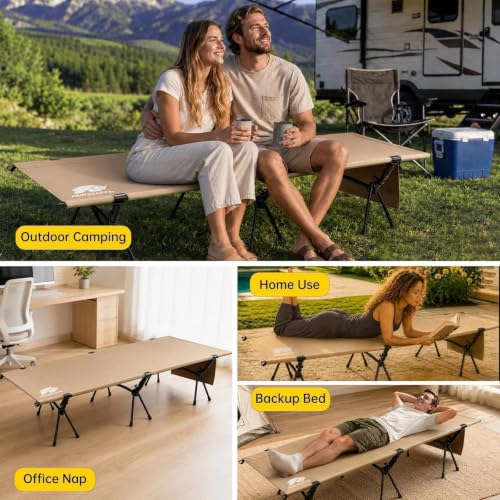 Portable Camping Cot Bed for Adults - Heavy-Duty Support with Inflatable Pillow, Khaki, 1 Pack