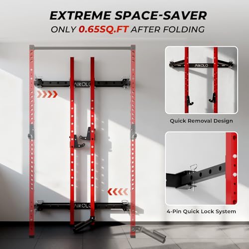 Red Folding Wall Mounted Squat Rack - Space-Saving Power Rack with Pull-Up Bar and Safety Catches
