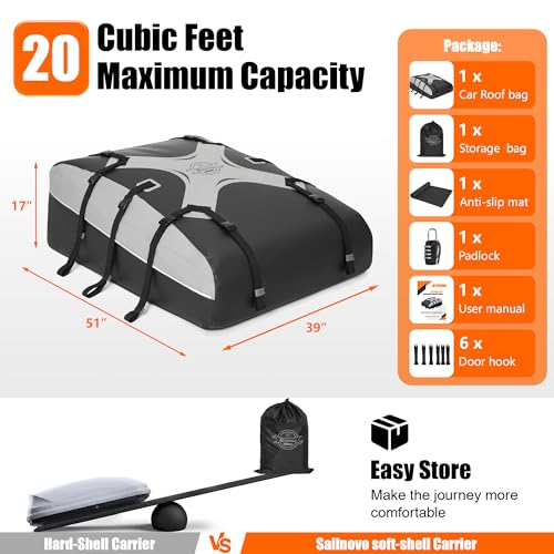 Car Rooftop Cargo Carrier Bag 20 Cuft with Black Variation - Waterproof & Easy Install
