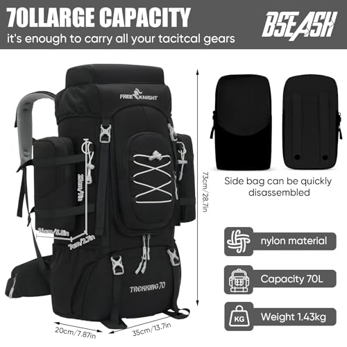 Waterproof Hiking Backpack 70L with Rain Cover for Camping & Climbing - Black