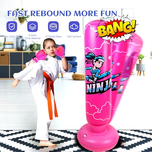 Kids Inflatable Punching Bag - Ninja Pink 67 Inch Kids Boxing Bag with Gloves & Pump