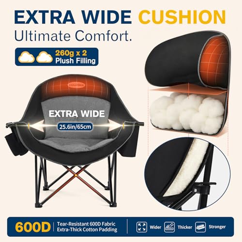 Coldbee Oversized Heavy Duty Camping Chair with Padded Headrest, Insulated Cooler & Cup Holders - Black (Unheated Variant)