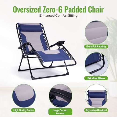 Cream/Navy Deluxe XL Padded Zero Gravity Recliner Chair with Side Tray - Outdoor Lounger