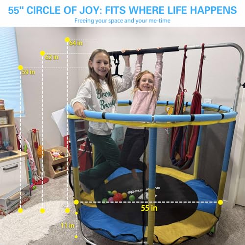 PY SUPER MODE 55-Inch Kids Indoor & Outdoor Trampoline with Enclosure, Adjustable Gymnastics Bar & Toys (Blue & Yellow, 55")