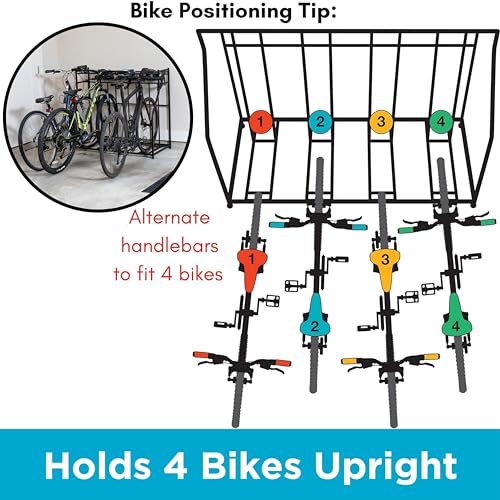 Birdrock Home 4 Bike Stand Garage Storage with Gear Basket & Hooks - Freestanding Bike Rack