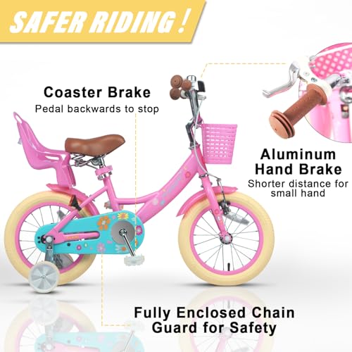 Pink 14 Inch Princess Kids Bike with Doll Seat & Basket - Girls Bicycle for 3-5 Years